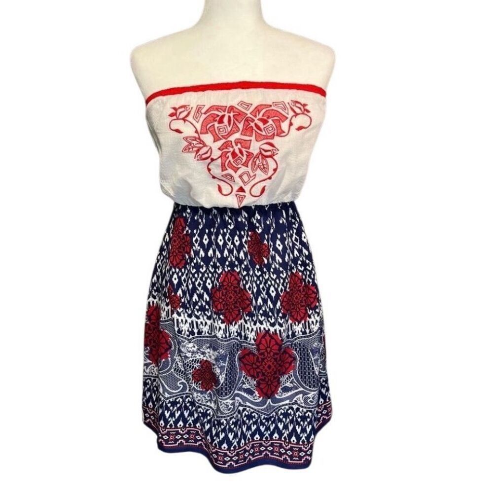 Dina Be strapless red and navy fit and flare floral dress - M